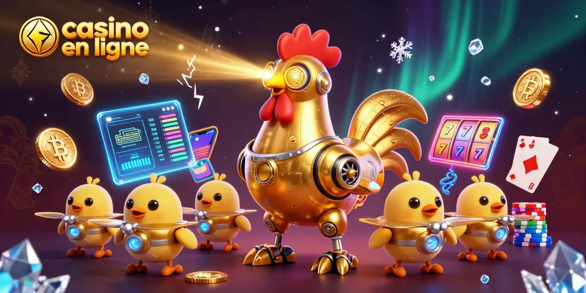 Une scène de casino en ligne captivante avec un robot en or et des drones, joyeusement entourés de pièces de crypto-monnaie.