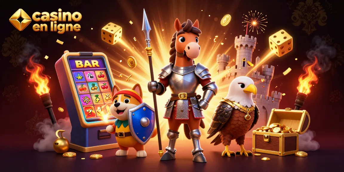Jouez au casino en ligne avec un chevalier et un chiot squire entourés de machines à sous en explosion.