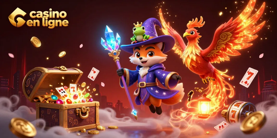 Jouez au casino en ligne avec ce visuel captivant d'un magicien et un phénix aux richesses scintillantes.
