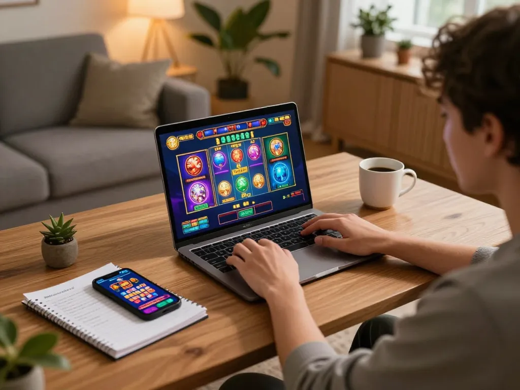 Engaging in an online gaming session with depo 25 bonus 25 at home, person focused on laptop screen.