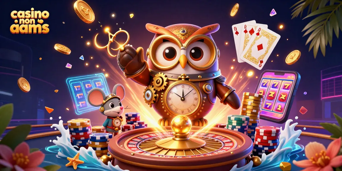 Illustrazione 3D di un casino non AAMS con un gufo viaggiatore e elementi di gioco luminosi