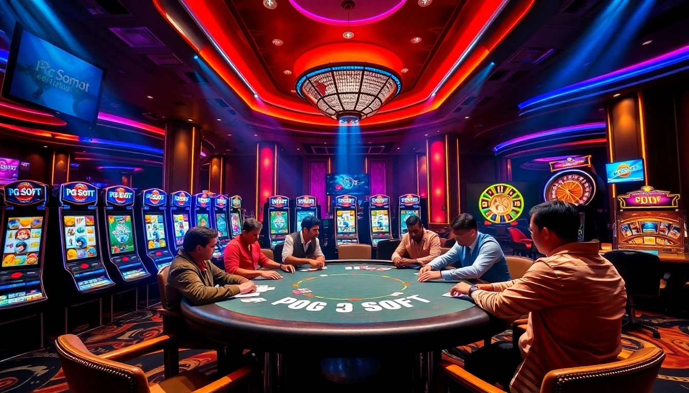Engaged players at a PG Soft poker table in a vibrant casino setting.