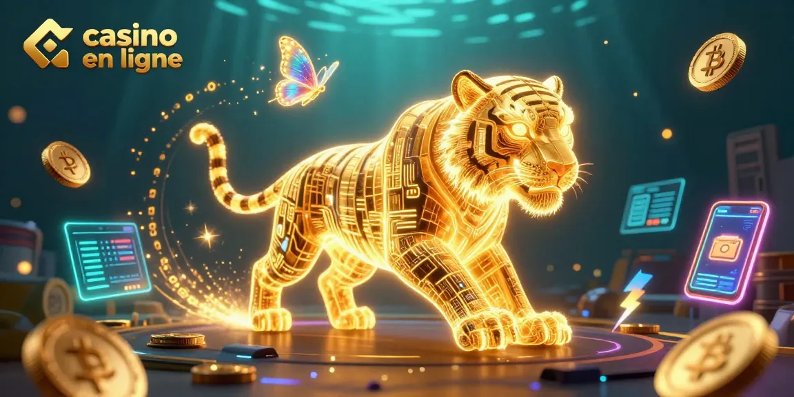 Animations passionnantes au casino en ligne avec un tigre lumineux et des éléments de cryptomonnaie.