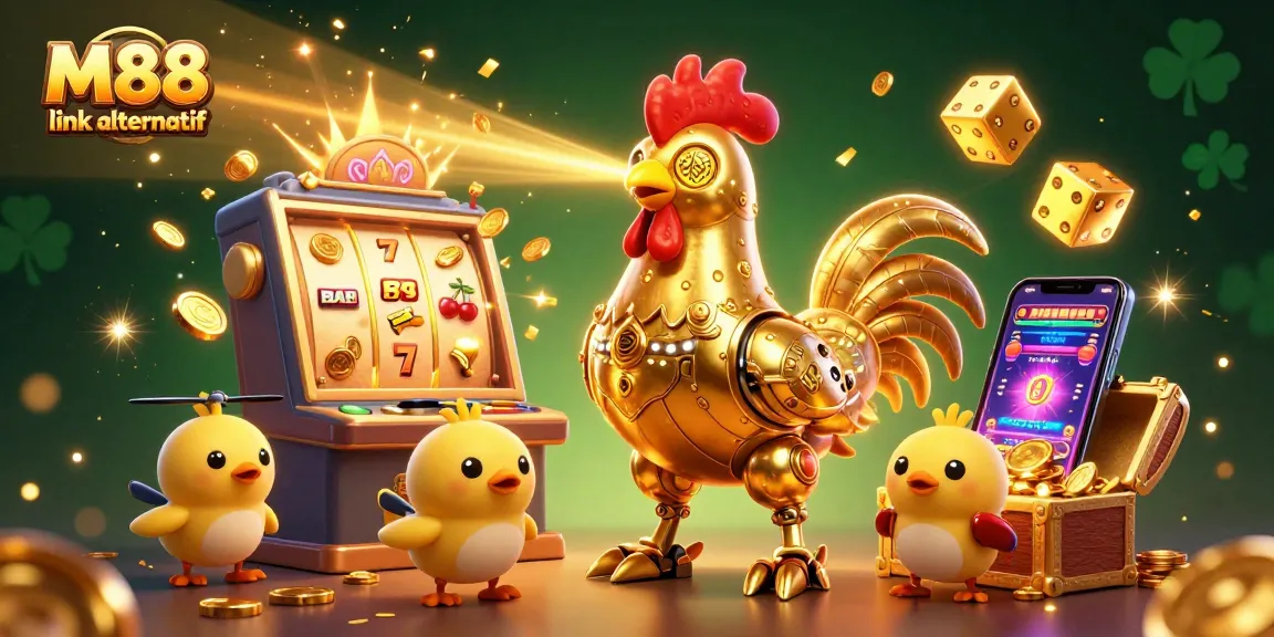 M88 link alternatif showcases an exciting 3D casino world with golden rooster robots and dynamic game elements.