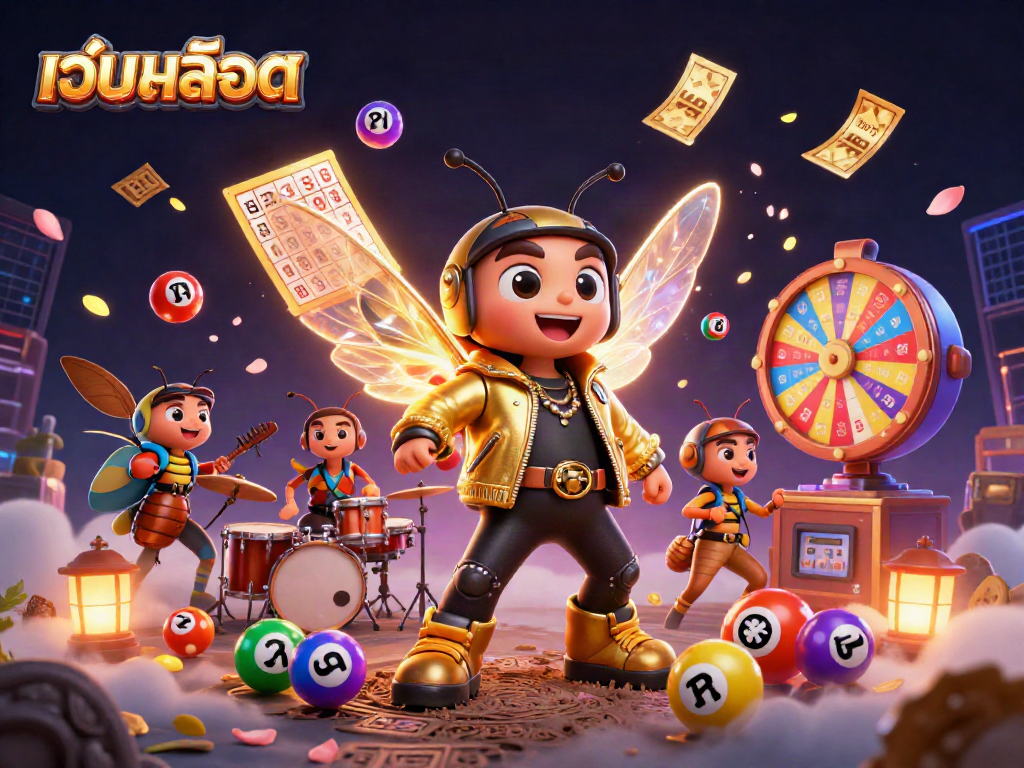 Experience thrilling เว็บสล็อต action with a vibrant scene of a cicada rock star and colorful lottery elements!
