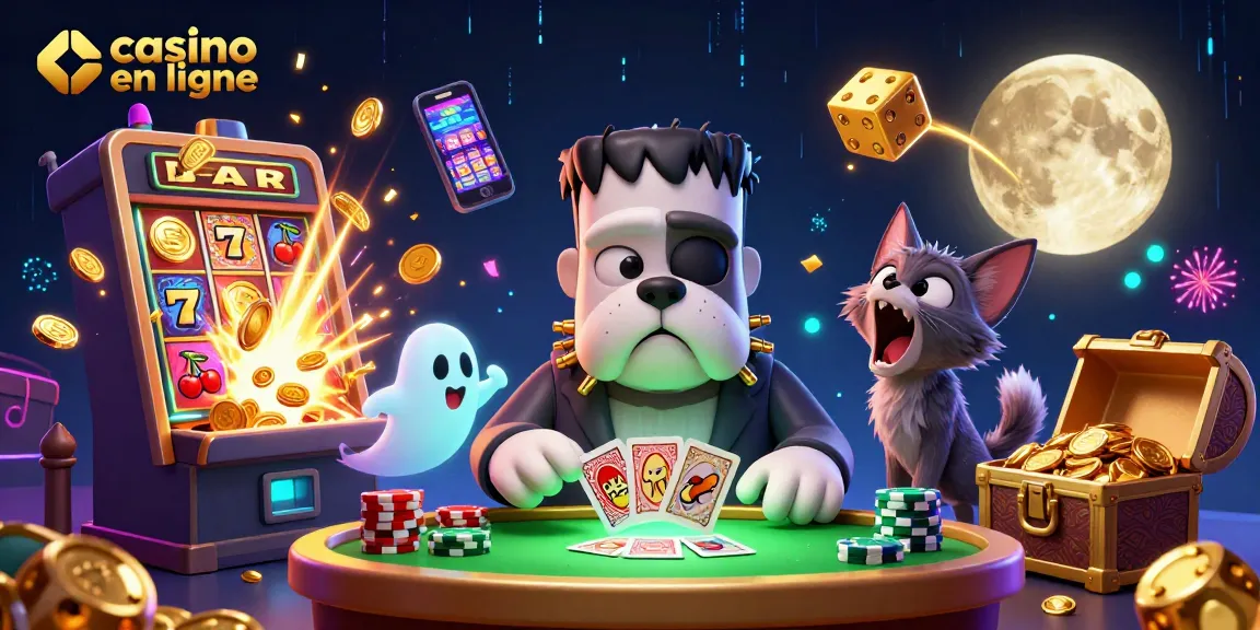 Jouez à des jeux de casino en ligne avec cette scène dynamique montrant un bulldog Frankenstein et un chaton loup.