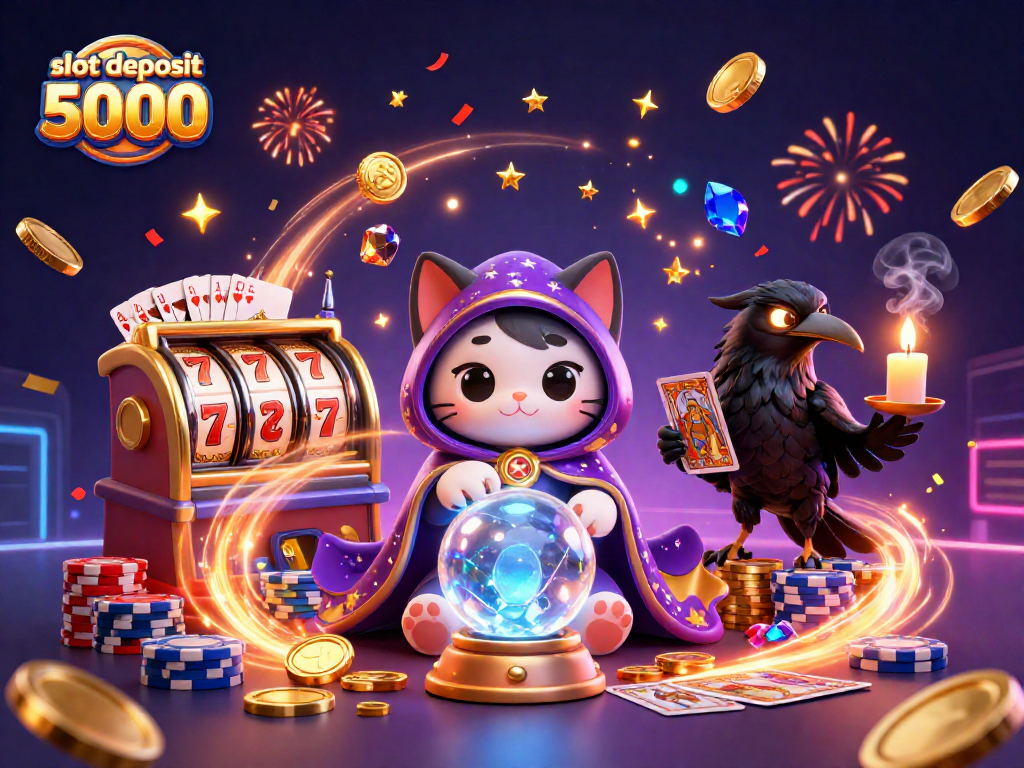 Experience thrilling wins with slot deposit 5000 in this colorful 3D casino scene filled with magic and excitement.