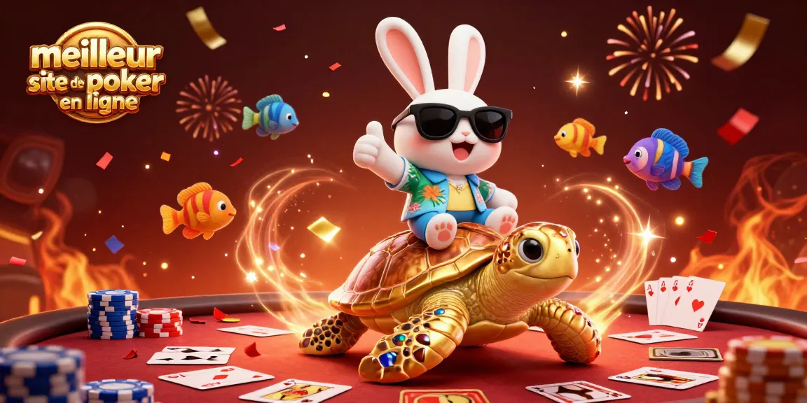 Venez découvrir le meilleur site de poker en ligne avec des illustrations captivantes d'un lapin chanceux et une tortue dorée.