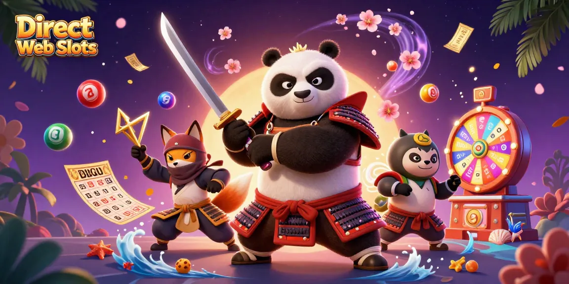 Experience the thrill of Direct Web Slots with samurai panda and ninja fox in an energetic casino scene.