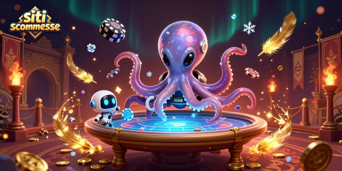Immergiti nei siti scommesse con una creazione grafica scintillante dall'universo, con un polpo alieno e un robot.