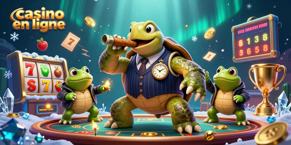 Jouer au casino en ligne avec la tortue élégante encadrée de grenouilles, ambiance dynamique avec des jackpots.