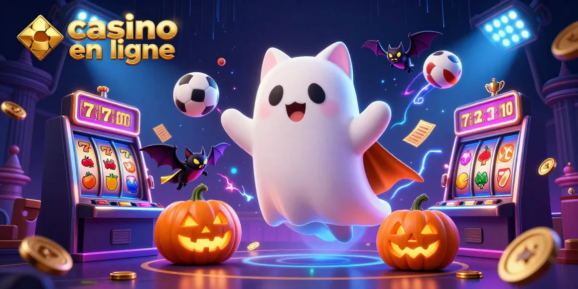 Jouez au casino en ligne avec un chat fantôme et une chauve-souris sur fond de machines à sous.