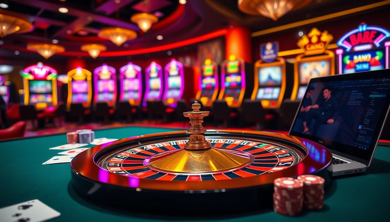 Vue engageante d'une scène de jeu luxueuse mettant en avant le meilleure casino en ligne avec une roue de roulette et des jeux de poker.