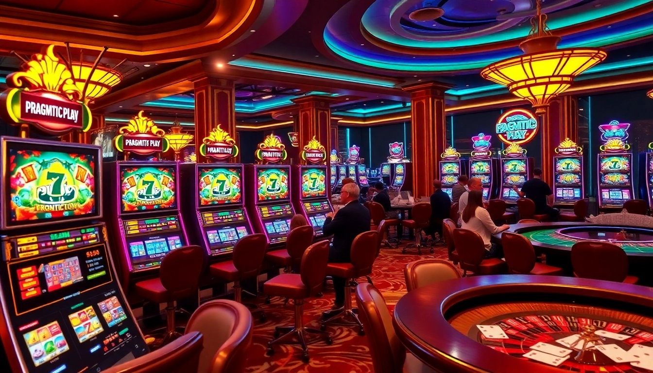 Play vibrant slot pragmatic play machines in a lively casino scene.