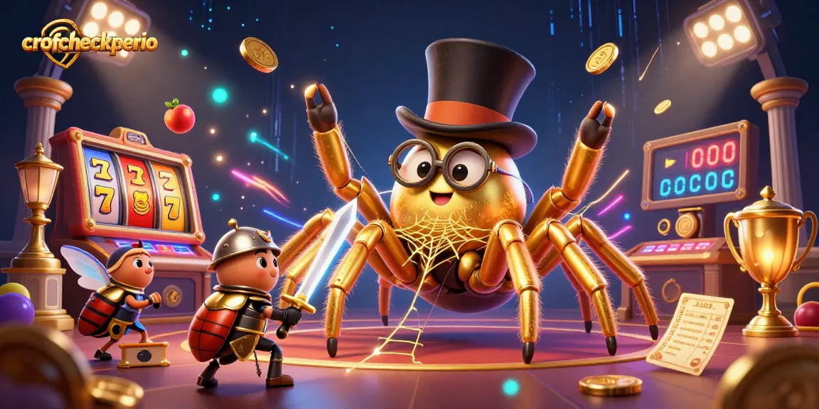 Crofcheckperio menghadirkan suasana permainan slot dengan tarantula emas dan ksatria kecil, menampilkan keajaiban judi online.
