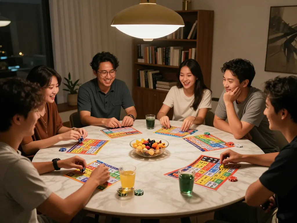 Teman-teman menikmati permainan toto togel yang ramai di rumah dengan chip dan kartu di meja.