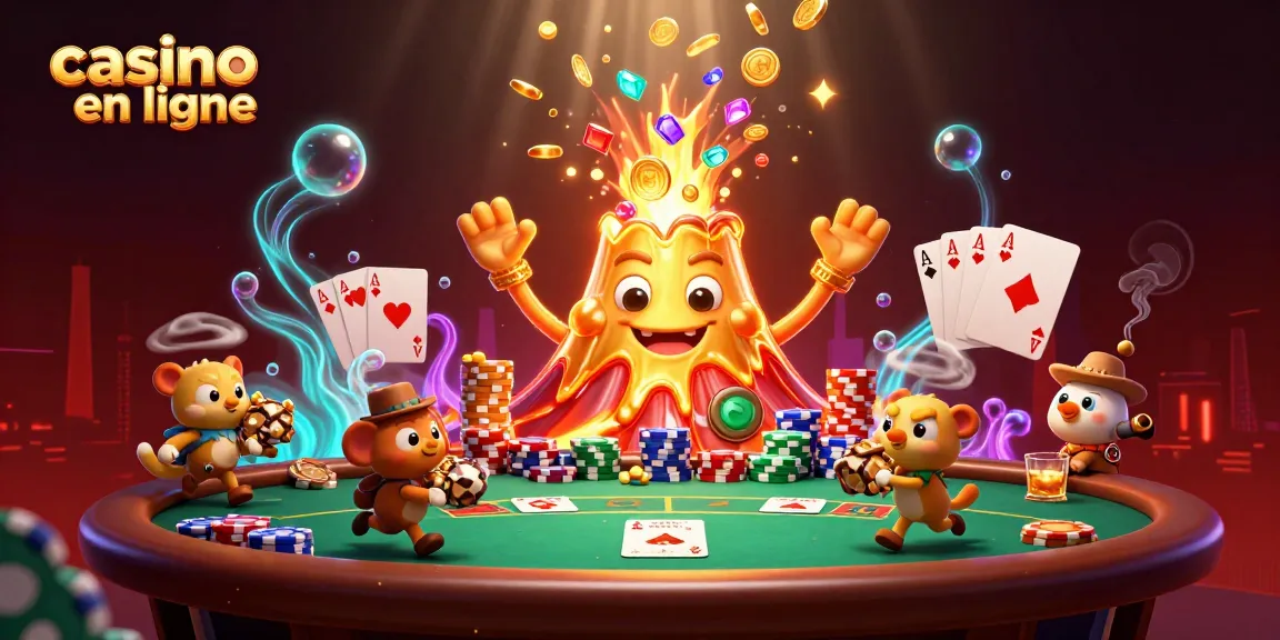 Explorez le casino en ligne avec un volcan doré éclatant, des trésors et des cartes de poker.