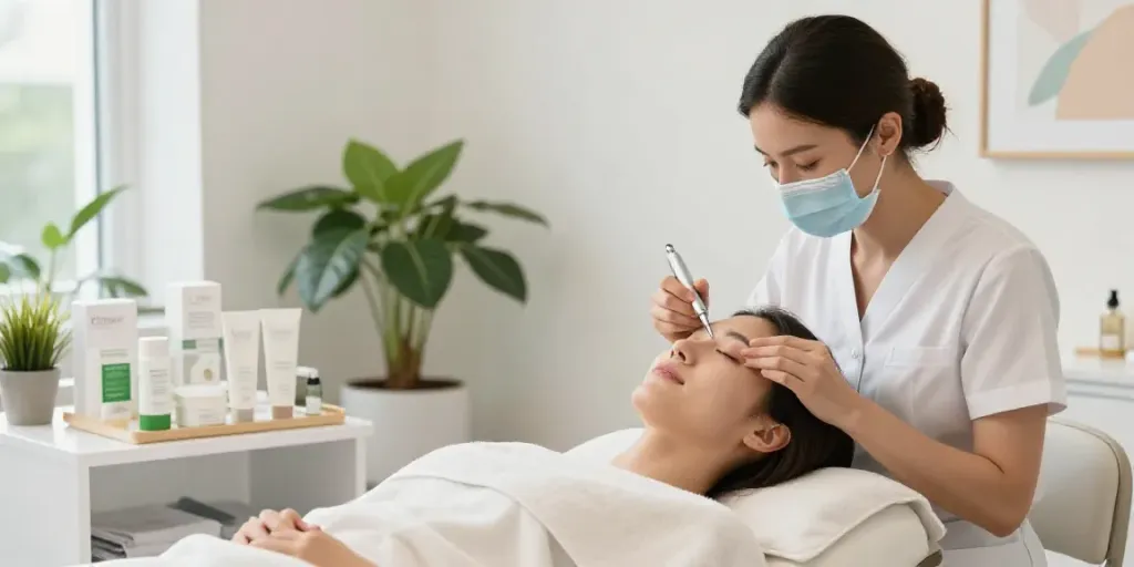 Client receiving CCeye® treatment for Augenringe abdecken in a serene beauty salon atmosphere.