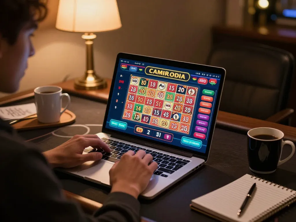 Engaging with live Cambodia lottery results on a laptop during an online gaming session.