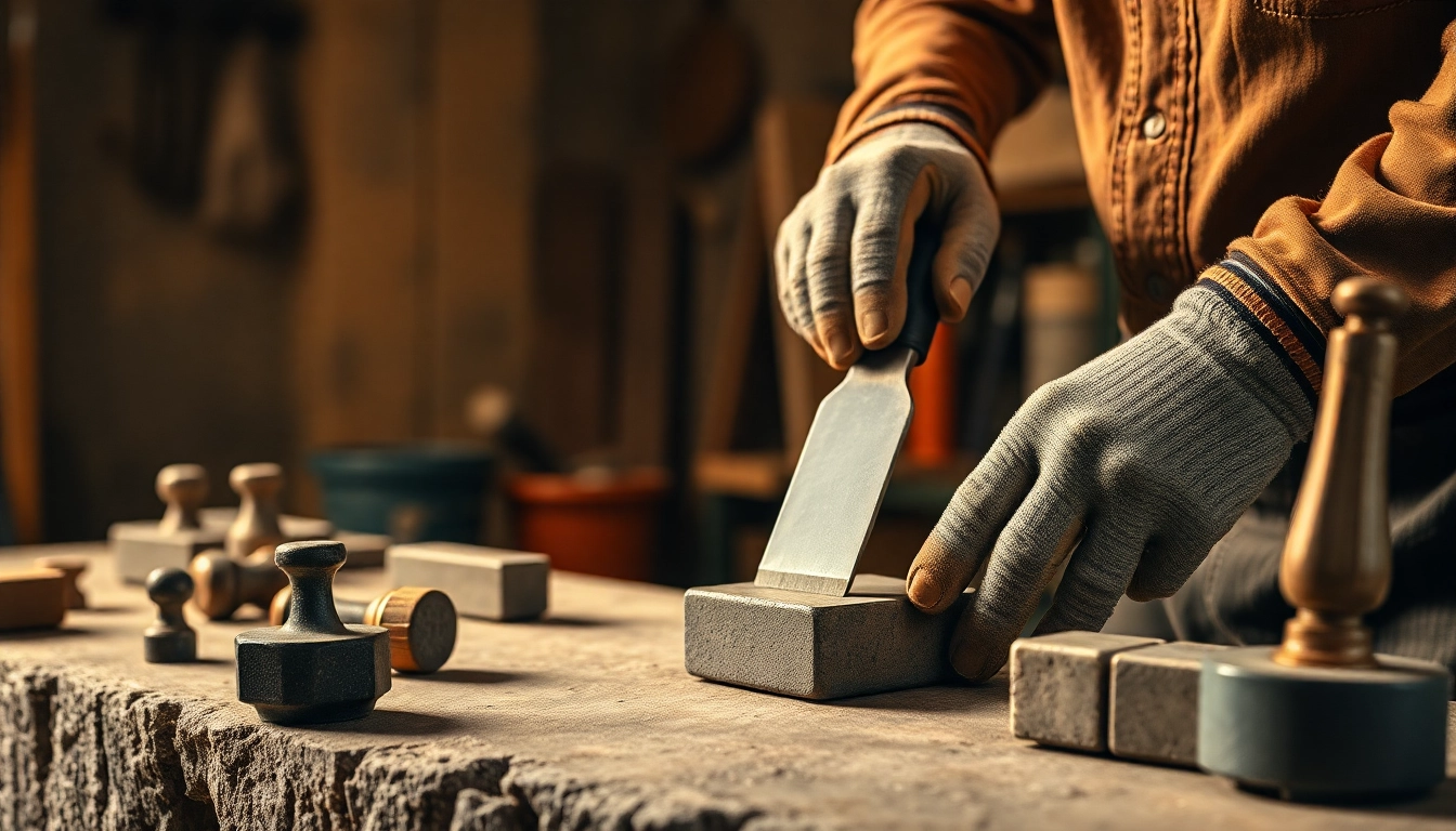 Utilizando la maceta herramienta para esculpir una piedra en un taller.