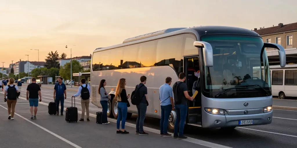 Curse regulate cu autocarul în Europa, pasageri îmbarcându-se pe un autobuz modern la apus.