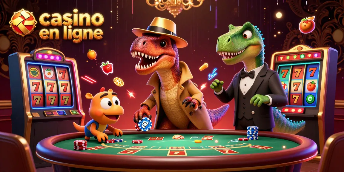 Illustration d'un velociraptor jouant au blackjack dans un casino en ligne, avec un pit boss et un pickpocket.