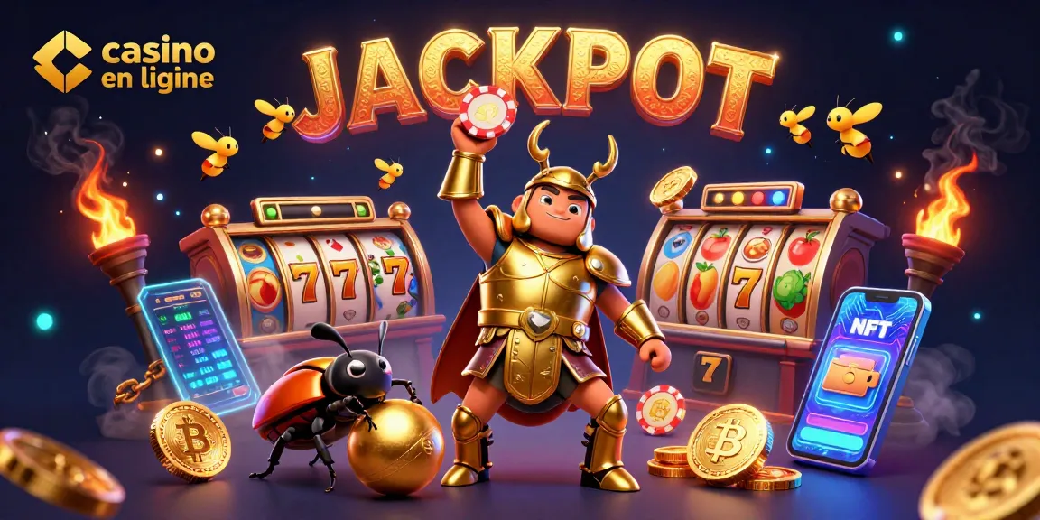 Illustration animée d'un casino en ligne avec un scarabée victorieux et des éléments de jeu