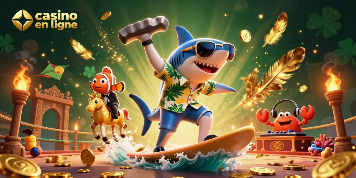Vivez l'expérience amusante du casino en ligne avec un requin amusant qui surfe sur des pièces d'or.