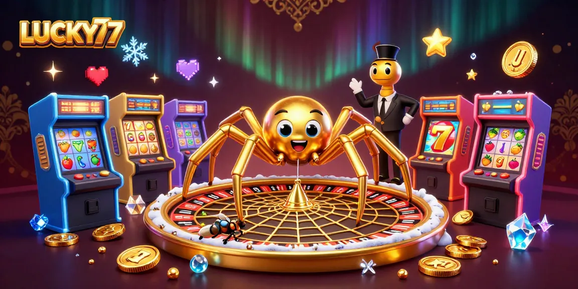 LUCKY77 hints at winning spins with a golden web roulette scene featuring animated characters.