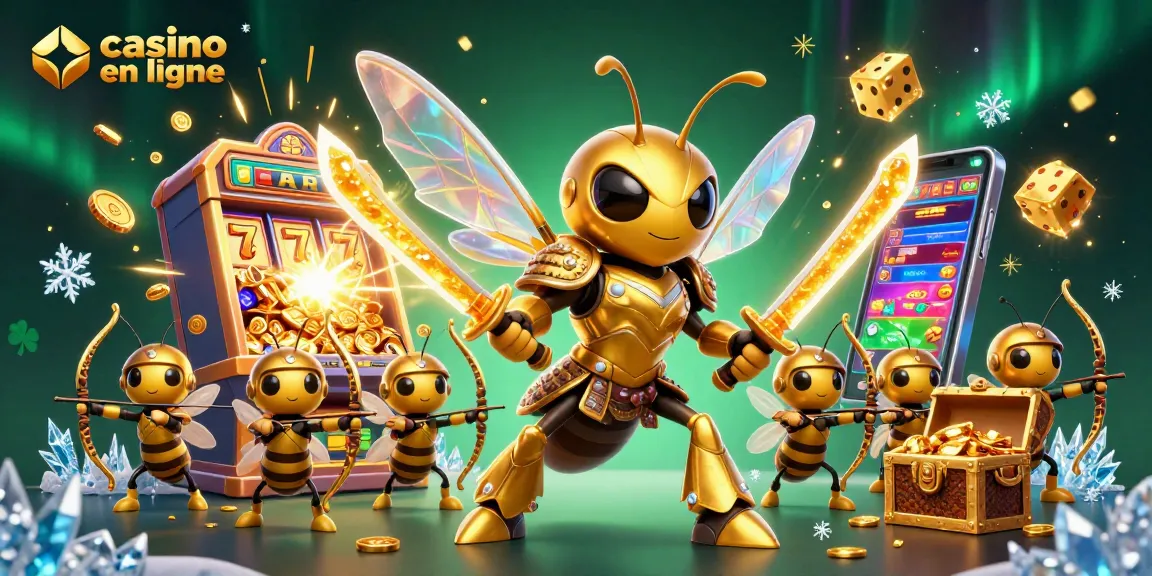 Casino en ligne : Illustration dynamique d'un hornet géant et d'arbalétriers attirant un jackpot de machines à sous.
