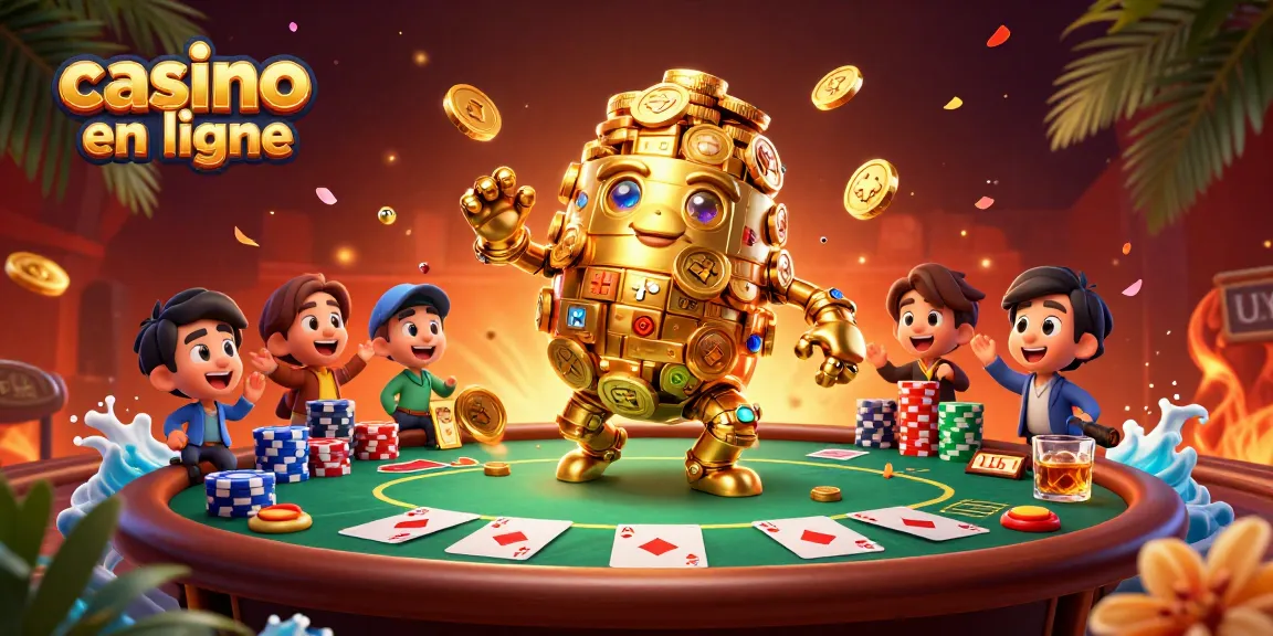 Jouez au casino en ligne avec des poker et des jetons colorés autour d'un golem doré.