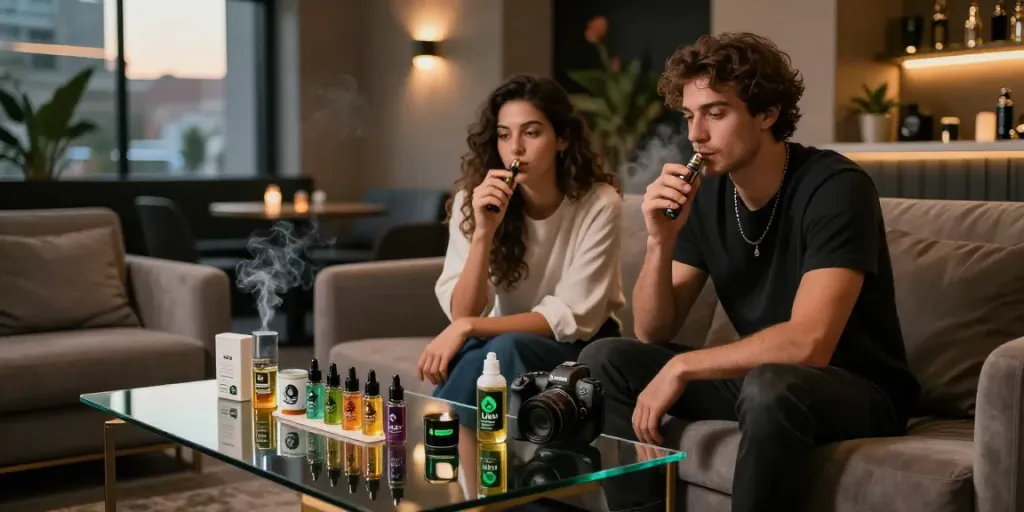 Couple enjoying alien labs live resin vapes in modern lounge.