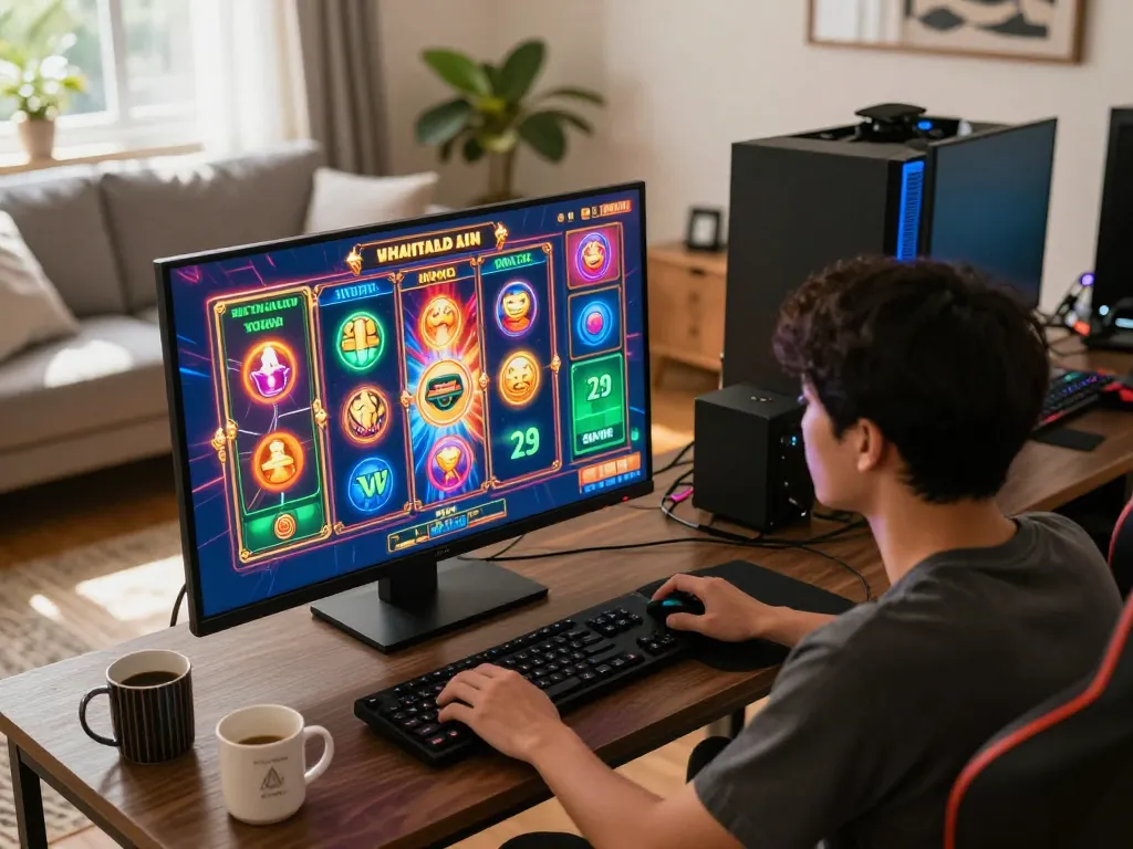 Playing engaging slot Thailand game in a cozy home gaming setup with vibrant graphics