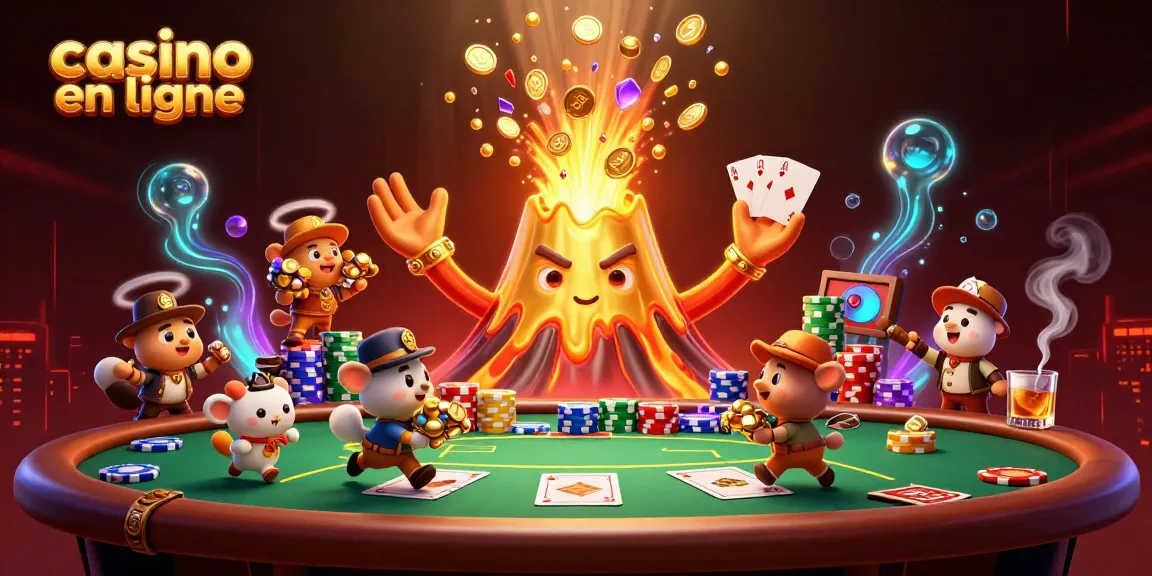 Vivez l'aventure du casino en ligne avec un volcan doré émettant des pièces et des trésors.