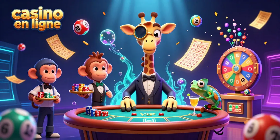 Casino en ligne : une scène dynamique avec une girafe, un valet, des ballons de loterie et des effets lumineux