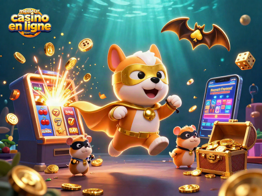 Découvrez le meilleur casino en ligne France avec un chien super-héros emportant des pièces d'or dans un monde de jeux