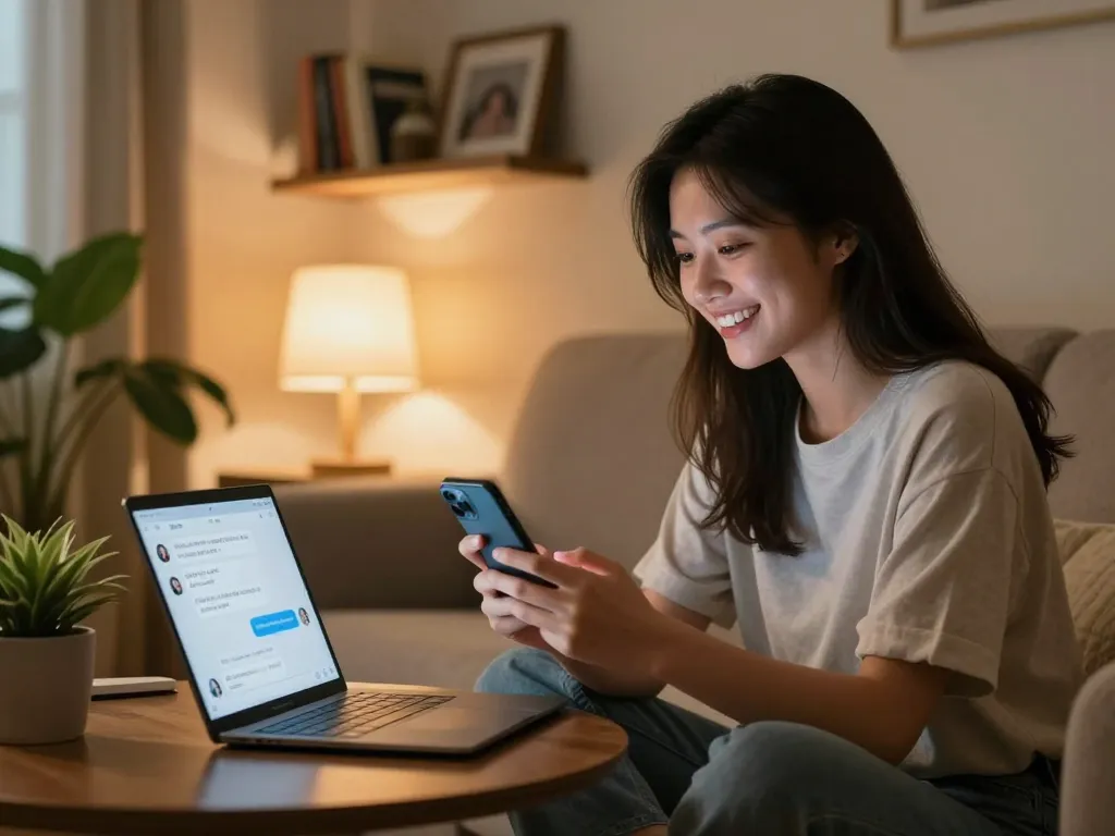 Young woman smiling while chatting with her girlfriend AI on a smartphone in a cozy living room.