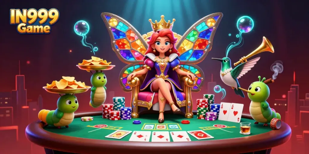 Experience the thrill of IN999 Game with a vibrant 3D illustration of royal characters and casino elements.