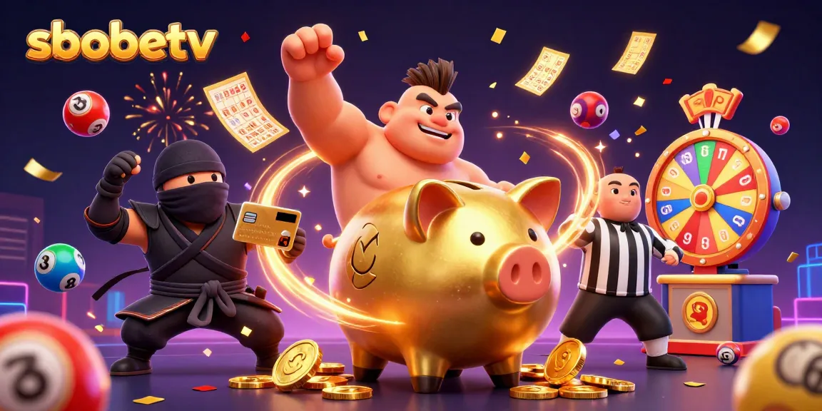 Join the vibrant sbobetv gaming scene with a golden piggy bank wrestler celebrating wins amidst lottery elements.