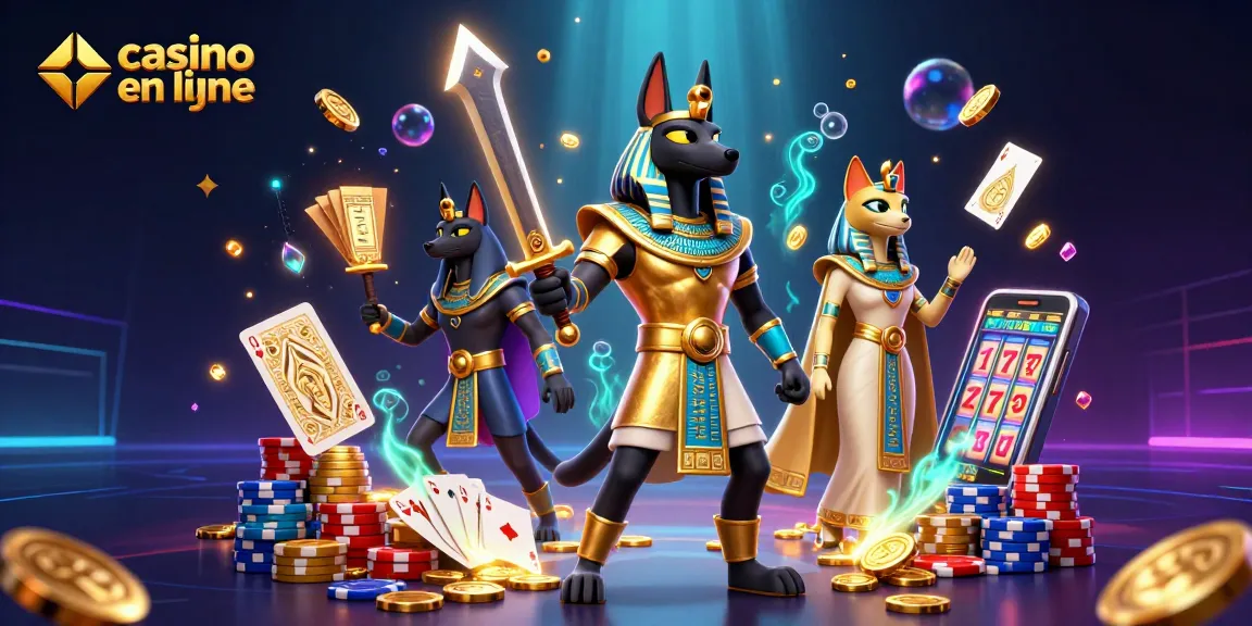 Gagnez au casino en ligne avec une illustration dynamique d'Anubis et Bastet au milieu des jeux et richesses.