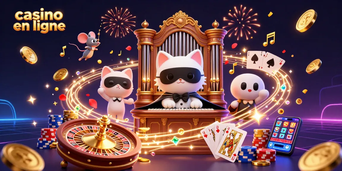 Profitez de l'excitation du casino en ligne avec un chat masqué jouant de l'orgue et des éléments de jeu flottants.