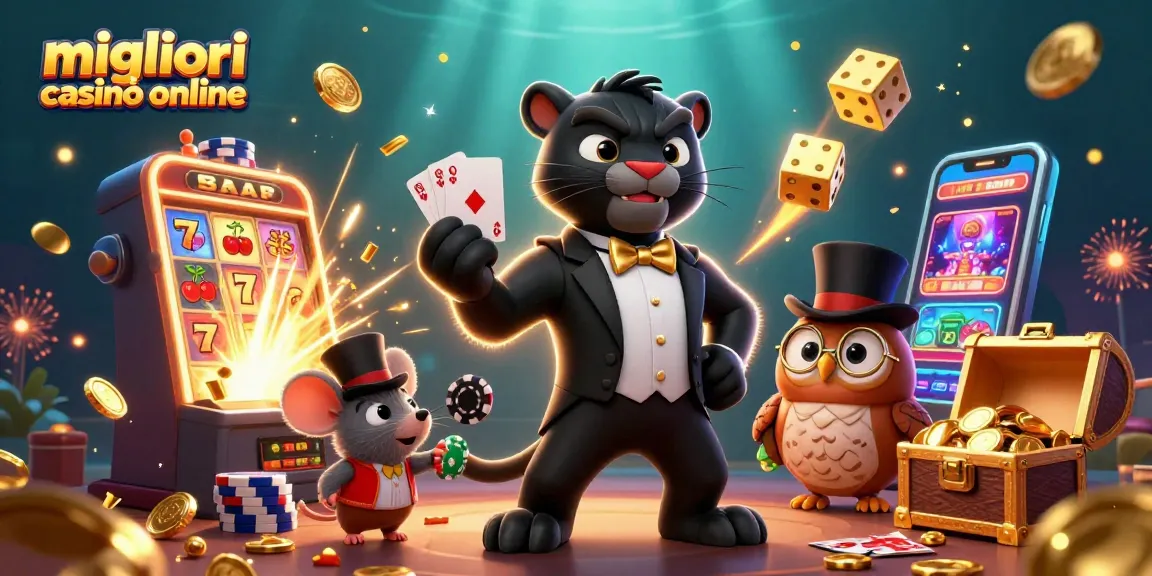 Illustrazione 3D dei migliori casinò online con una elegante pantera che distribuisce carte.
