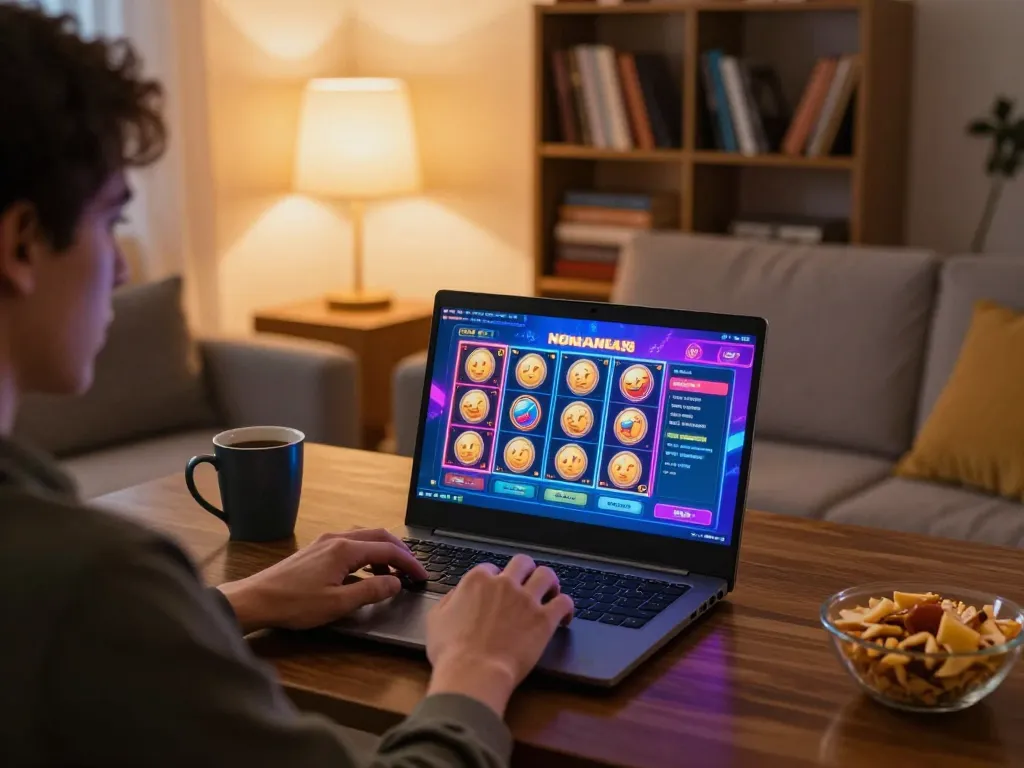 Playing casino non aams per italiani on a laptop in a cozy living room with vibrant graphics