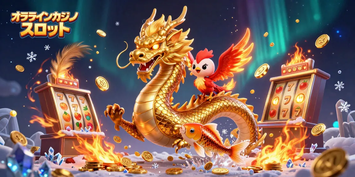 オンラインカジノ スロット でのスロットリールと金色のコインの中を飛ぶキャラクターたちの魅力的なイラスト