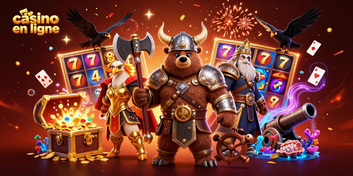 Illustration captivante de casino en ligne avec un ours viking et une aigle valkyrie, entourés de trésors et de jeux