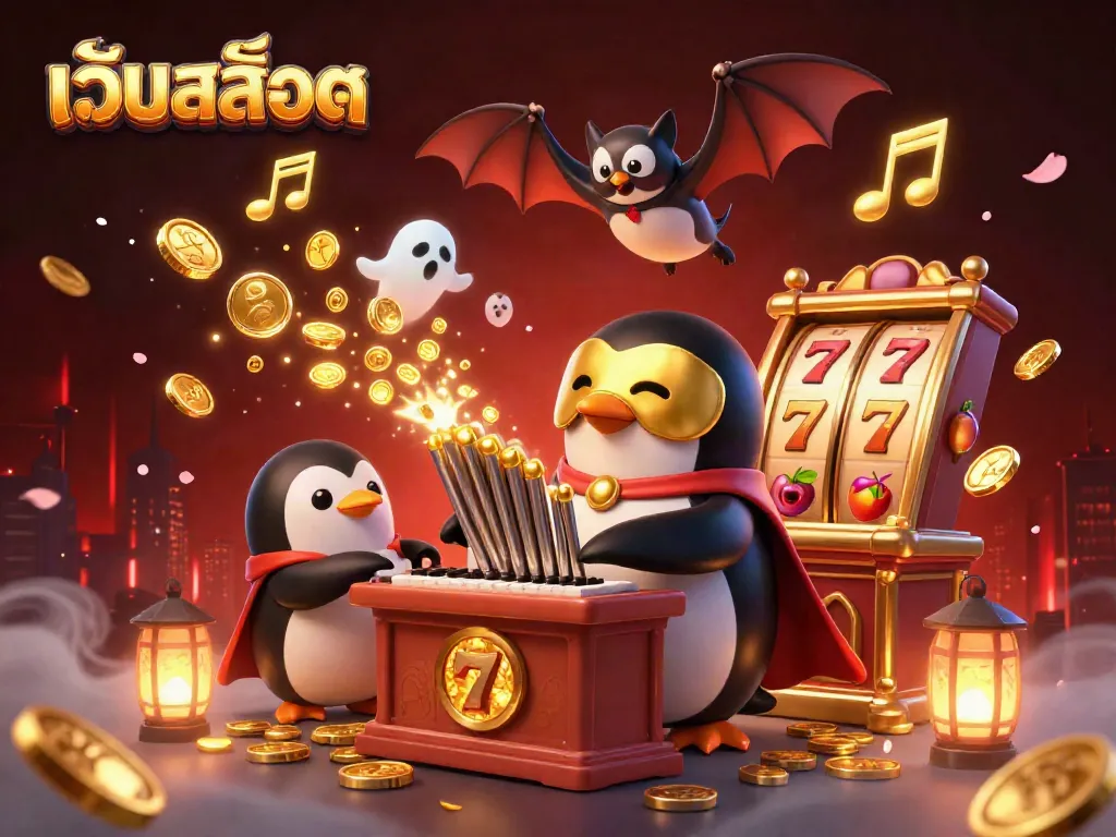 ภาพการ์ตูน 3D ของเว็ปสล็อต ที่มีเพนกวินฟาโรกำลังเล่นเครื่องสล็อตโชว์เหรียญทองที่พวยพุ่งออกมา