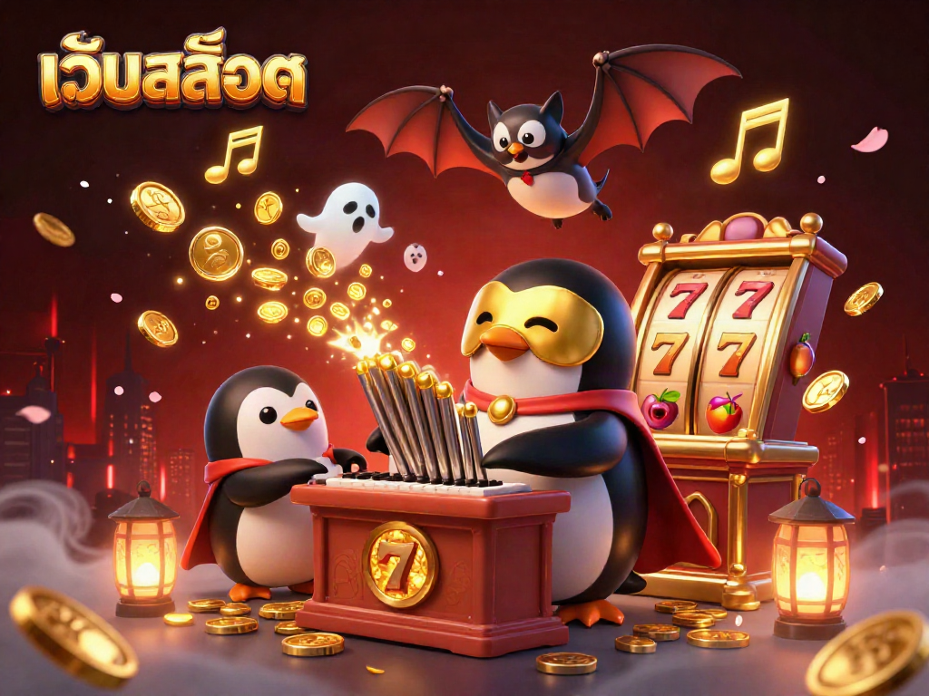 ภาพการ์ตูน 3D ของเว็ปสล็อต ที่มีเพนกวินฟาโรกำลังเล่นเครื่องสล็อตโชว์เหรียญทองที่พวยพุ่งออกมา