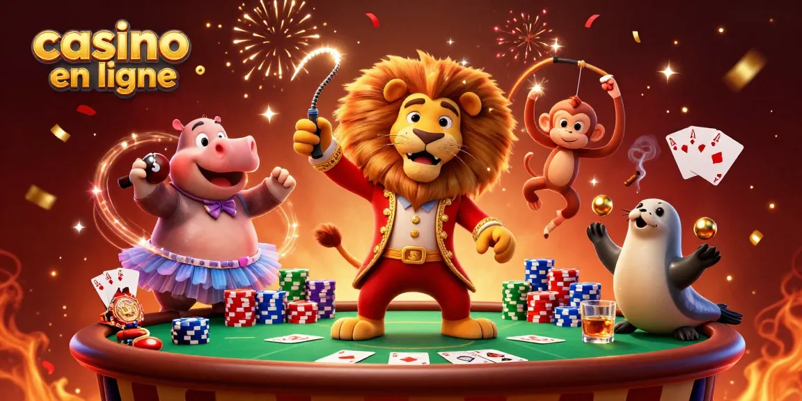 Illustration dynamique de casino en ligne avec un lion ringmaster et des personnages de cirque.
