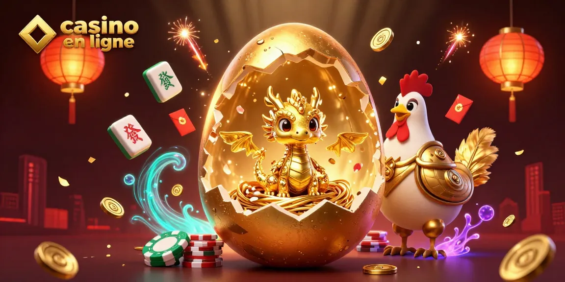 Jouez à un casino en ligne avec une illustration 3D captivante d'un dragon doré entouré de jetons.