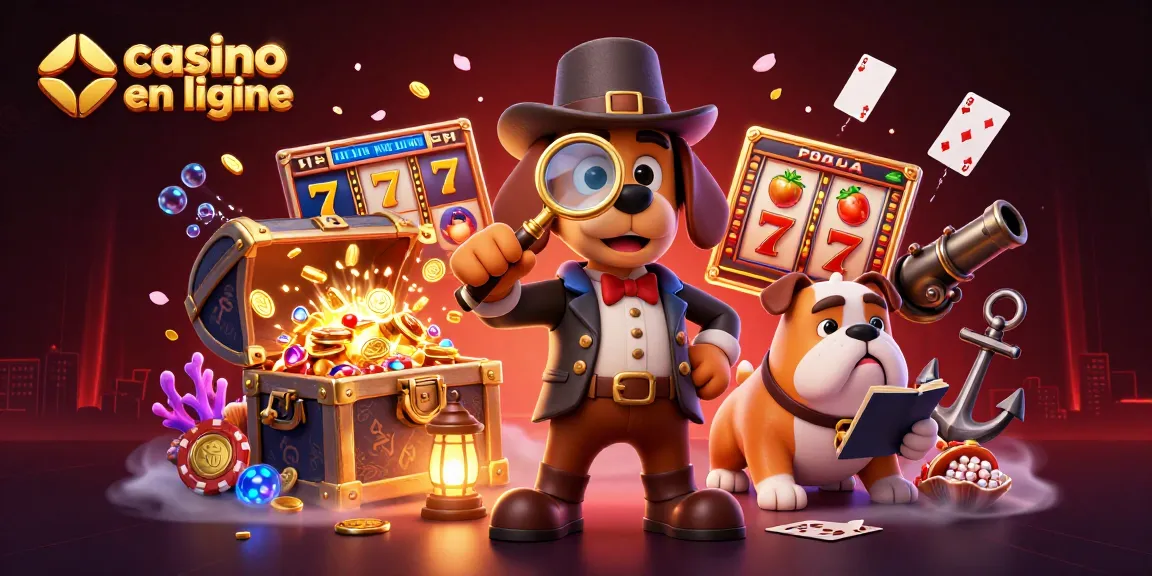 Image d'un détective dans un casino en ligne analysant un jeton de poker doré tout en notant avec son compagnon, mettant en avant divers jeux de casino.